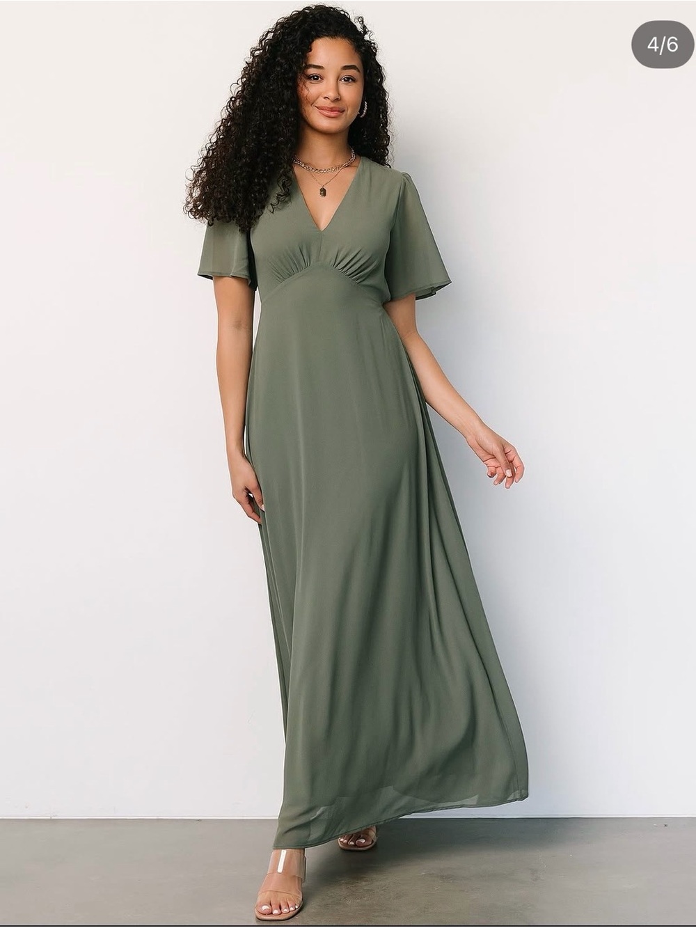 Baltic Born Esti V- Neck Flutter Sleeve Maxi Dress in Dark Sage Green - S NWT